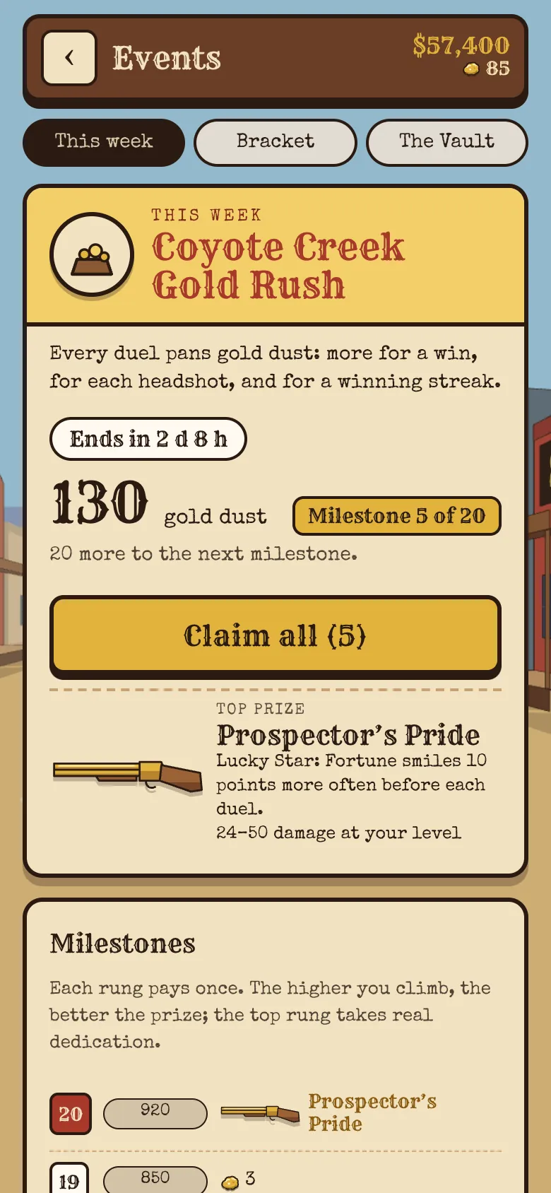 This week’s event, the Coyote Creek Gold Rush, with its countdown, gold dust and milestone 5 of 20