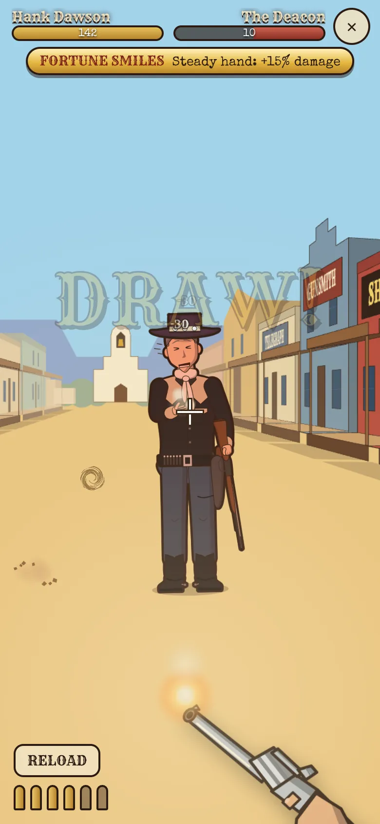 First person: the revolver fires, the sights on the outlaw’s chest, his health bar dropping