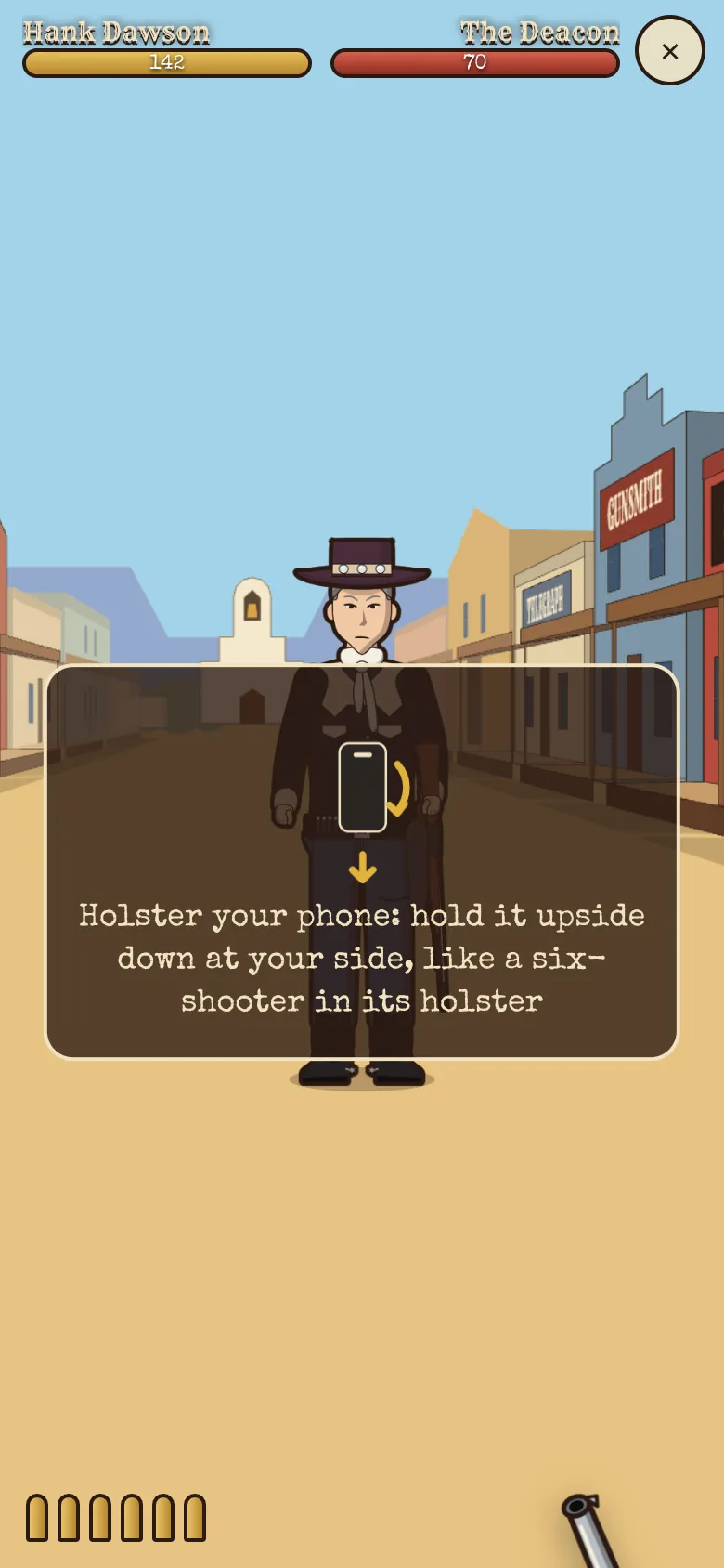 The duel screen asks you to holster your phone: hold it upside down at your side