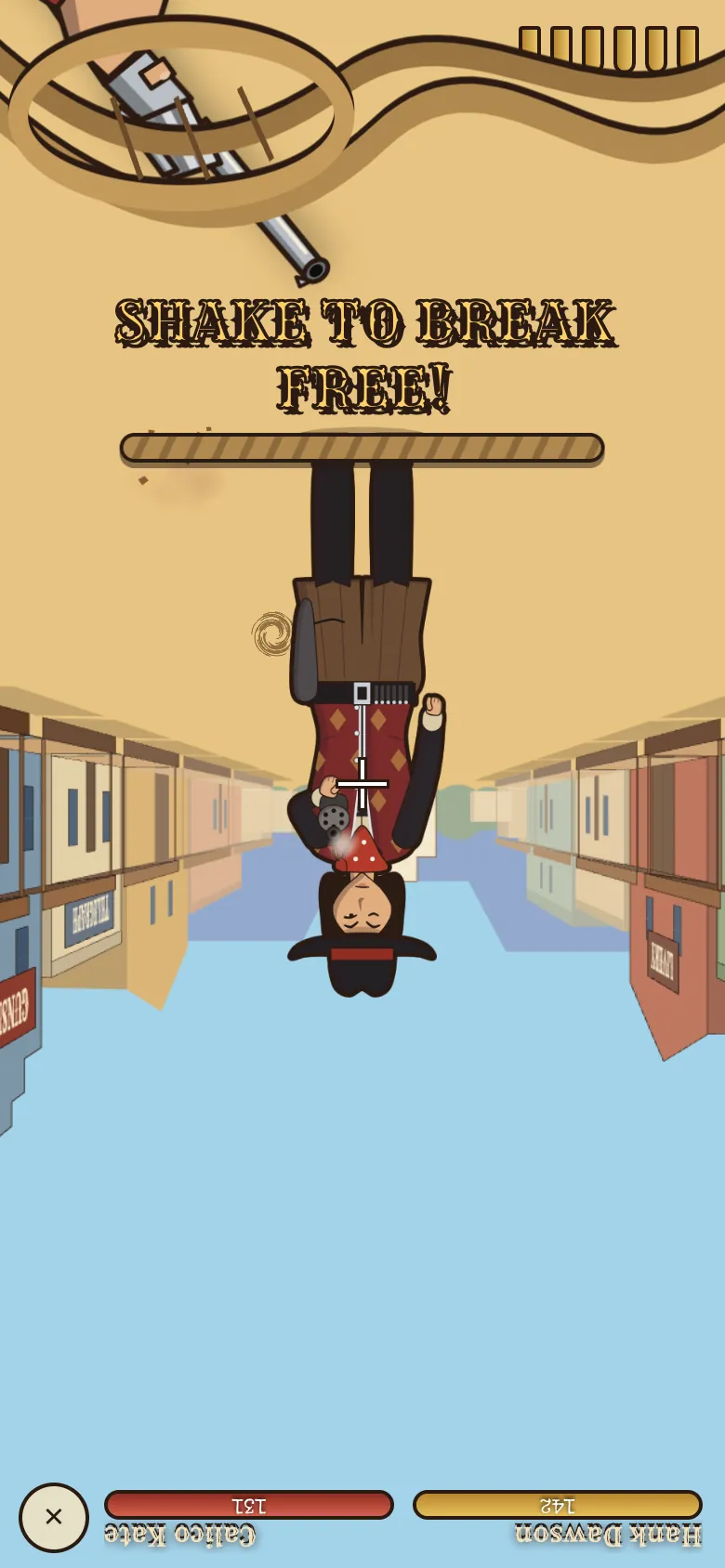 Your view flipped upside down by a lasso, with SHAKE TO BREAK FREE! and a fraying-rope meter