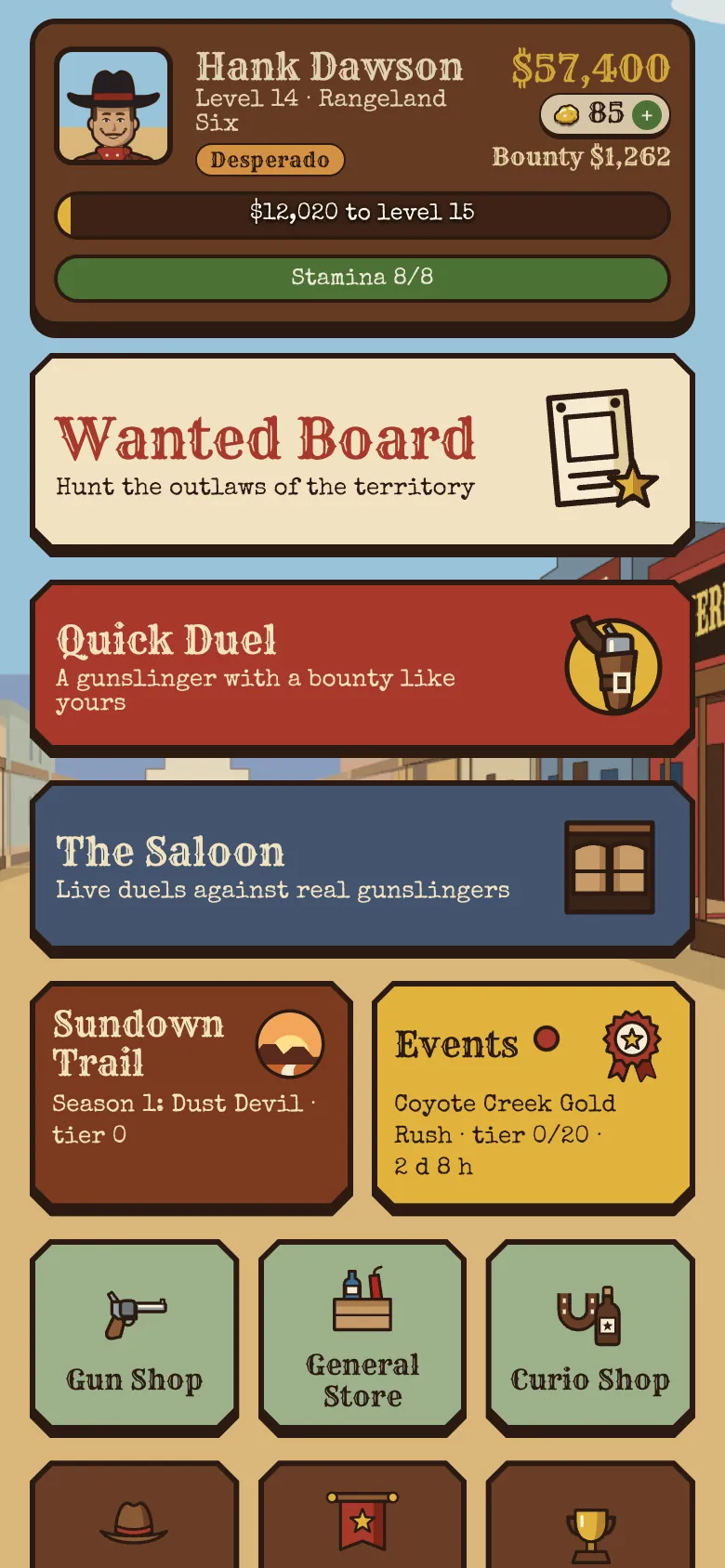 The town of Dry Creek: your profile, bounty and stamina, and the Wanted Board, Quick Duel and Saloon signs